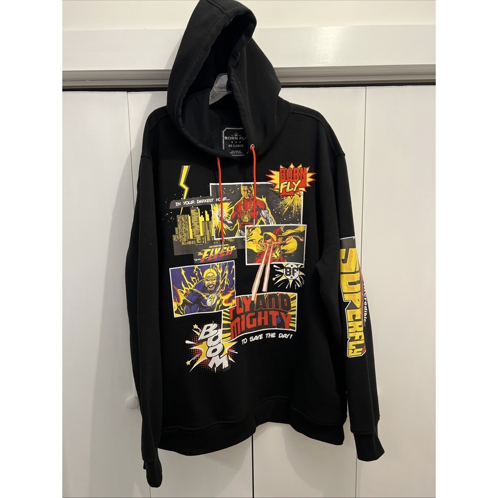 BORN FLY Men's Hooded‎ Sweatshirt Sz 4XL Hoodie, SuperFly Comic Design Graphic